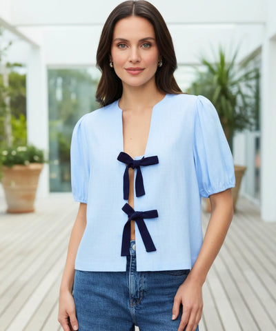 Comprar blusa social feminina manga bufante linho viscose laços frontais elegante trabalho festa em promoção ZARA
