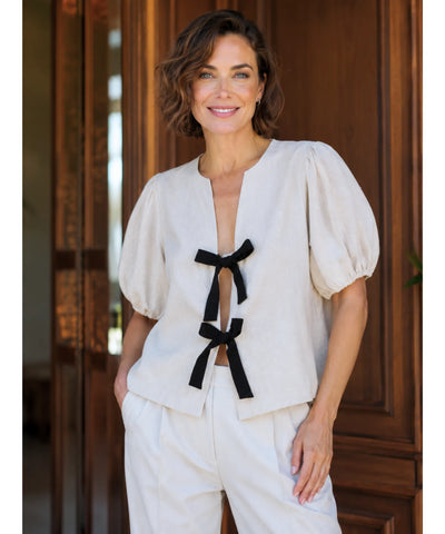 Comprar blusa social feminina manga bufante linho viscose laços frontais elegante trabalho festa em promoção ZARA