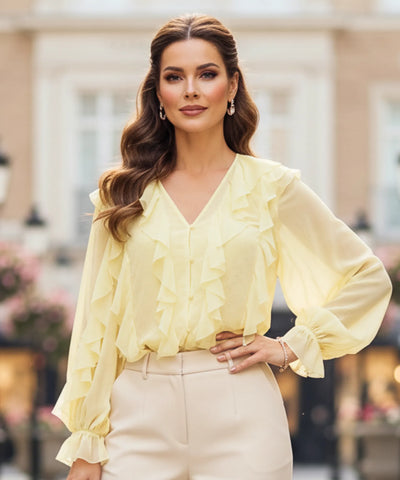 Blusa Social Feminina Manga Longa com Babados Elegante | Fer