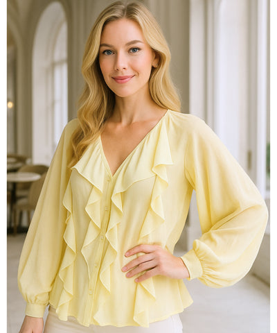 Comprar blusa social feminina manga longa amarelo com babados em tecido leve e transparente para looks elegantes no trabalho ou eventos sociais em promoção ZARA
