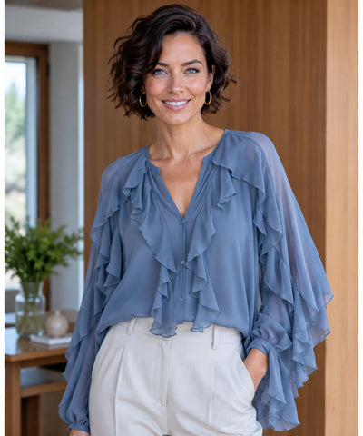 Comprar blusa social feminina manga longa com babados em tecido leve e transparente para looks elegantes no trabalho ou eventos sociais barato ANELLIMN