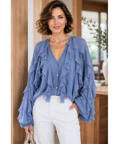 Comprar blusa social feminina manga longa com babados em tecido leve e transparente para looks elegantes no trabalho ou eventos sociais barato ANELLIMN