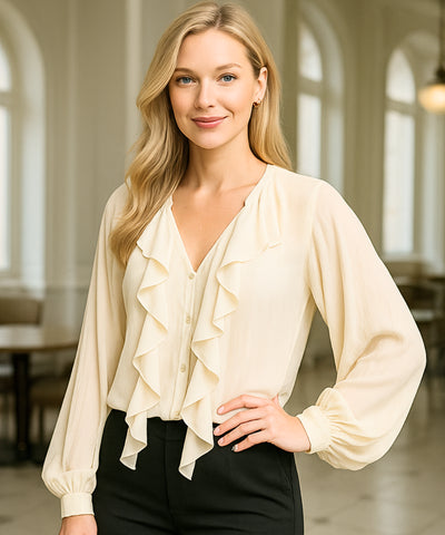 Comprar blusa social feminina manga longa bege com babados em tecido leve e transparente para looks elegantes no trabalho ou eventos sociais em promoção ZARA
