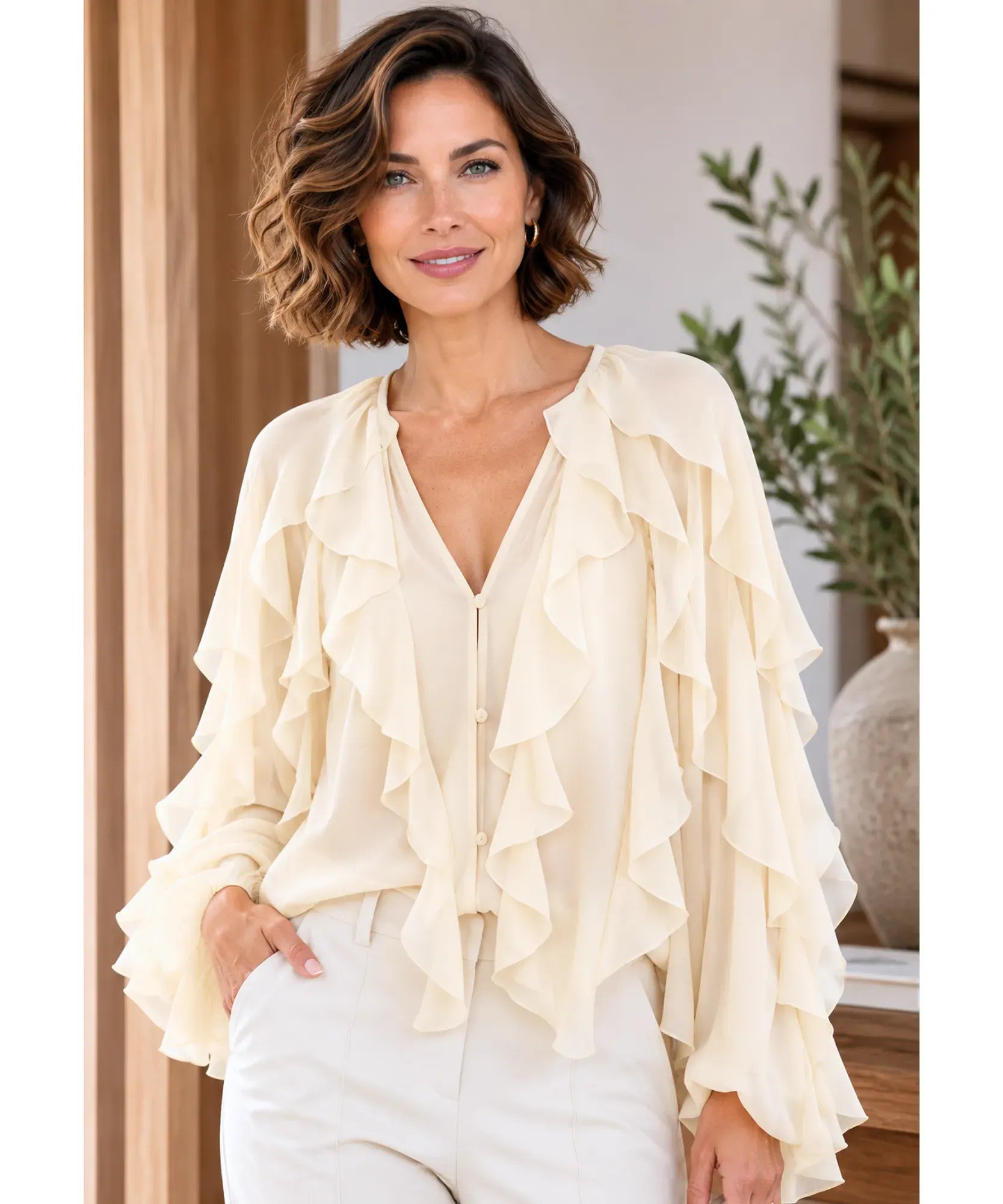 Comprar blusa social feminina manga longa com babados em tecido leve e transparente para looks elegantes no trabalho ou eventos sociais barato ANELLIMN