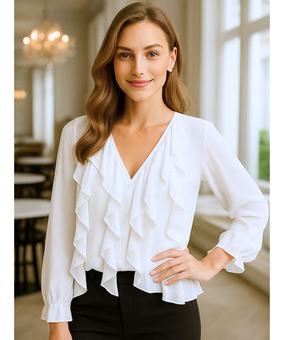 Comprar blusa social feminina manga longa branco com babados em tecido leve e transparente para looks elegantes no trabalho ou eventos sociais em promoção ZARA
