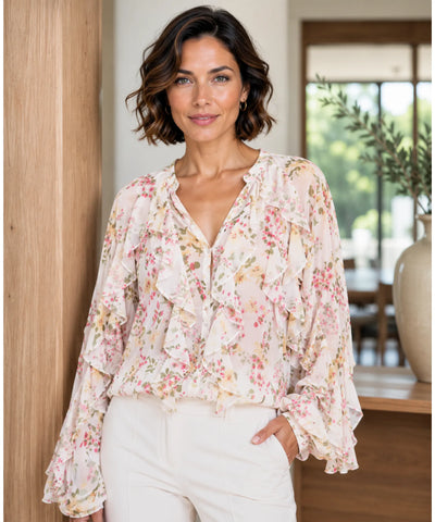 Comprar blusa social feminina manga longa com babados em tecido leve e transparente para looks elegantes no trabalho ou eventos sociais barato ANELLIMN