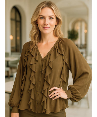 Comprar blusa social feminina manga longa marrom com babados em tecido leve e transparente para looks elegantes no trabalho ou eventos sociais em promoção ZARA
