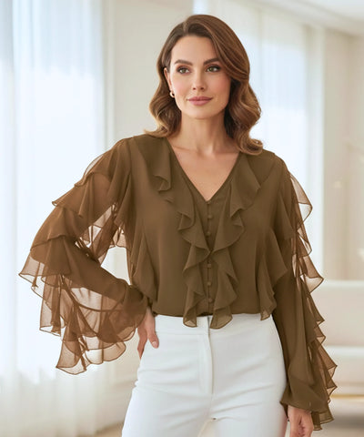 Blusa Social Feminina Manga Longa com Babados Elegante | Fer