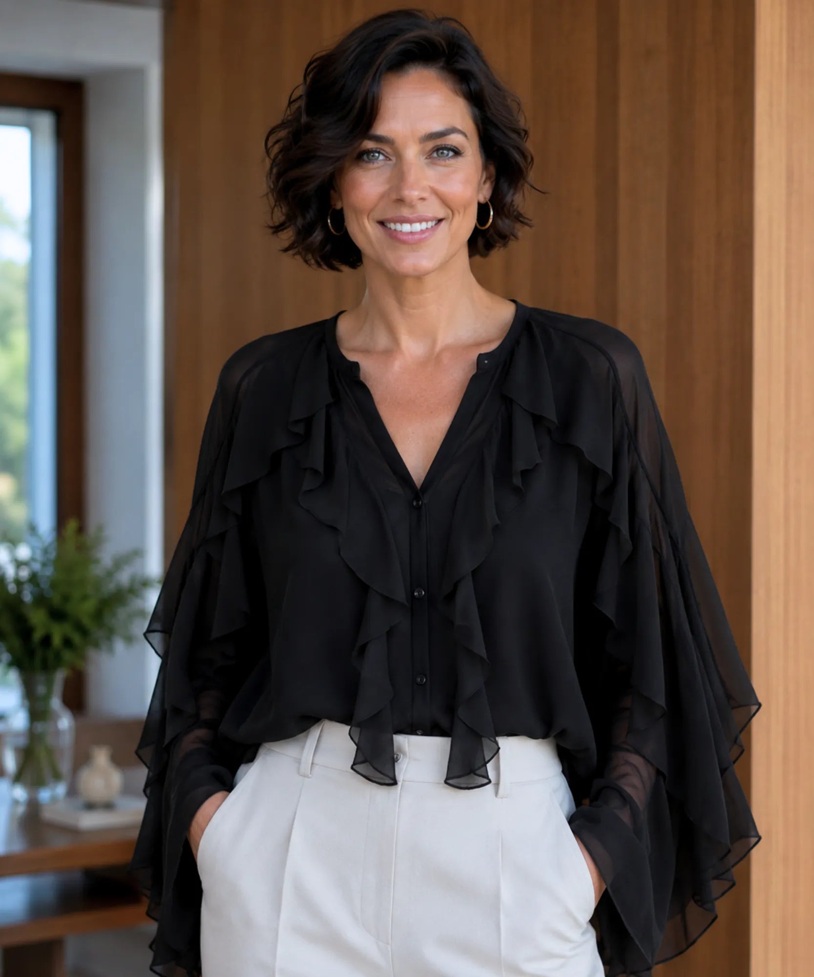 Comprar blusa social feminina manga longa com babados em tecido leve e transparente para looks elegantes no trabalho ou eventos sociais barato ANELLIMN