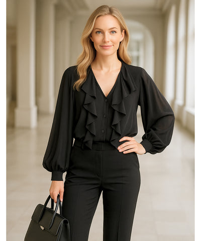 Blusa Social Feminina Manga Longa com Babados Elegante | Fer