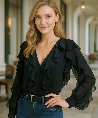 Comprar blusa social feminina manga longa preto com babados em tecido leve e transparente para looks elegantes no trabalho ou eventos sociais em promoção ZARA
