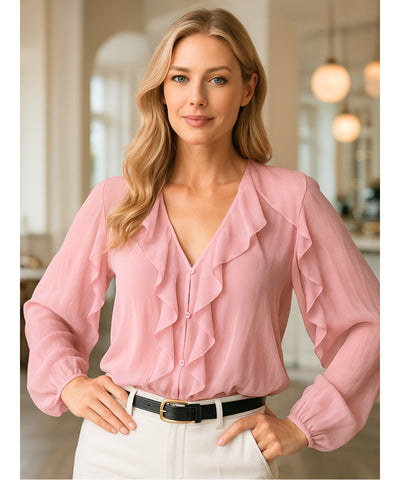 Comprar blusa social feminina manga longa rosa com babados em tecido leve e transparente para looks elegantes no trabalho ou eventos sociais em promoção ZARA

