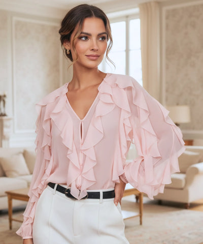 Blusa Social Feminina Manga Longa com Babados Elegante | Fer