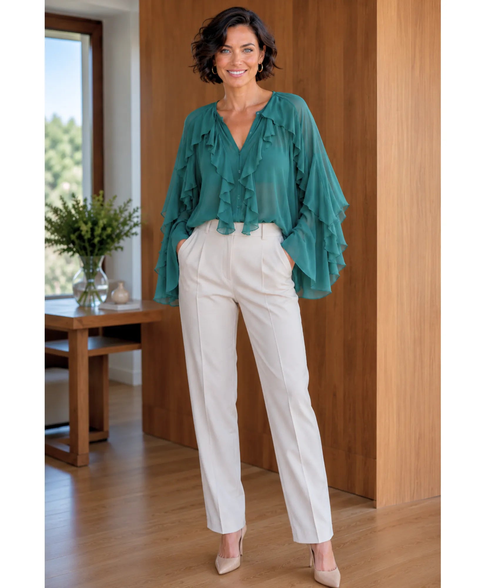Comprar blusa social feminina manga longa com babados em tecido leve e transparente para looks elegantes no trabalho ou eventos sociais barato ANELLIMN