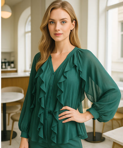 Blusa Social Feminina Manga Longa com Babados Elegante | Fer