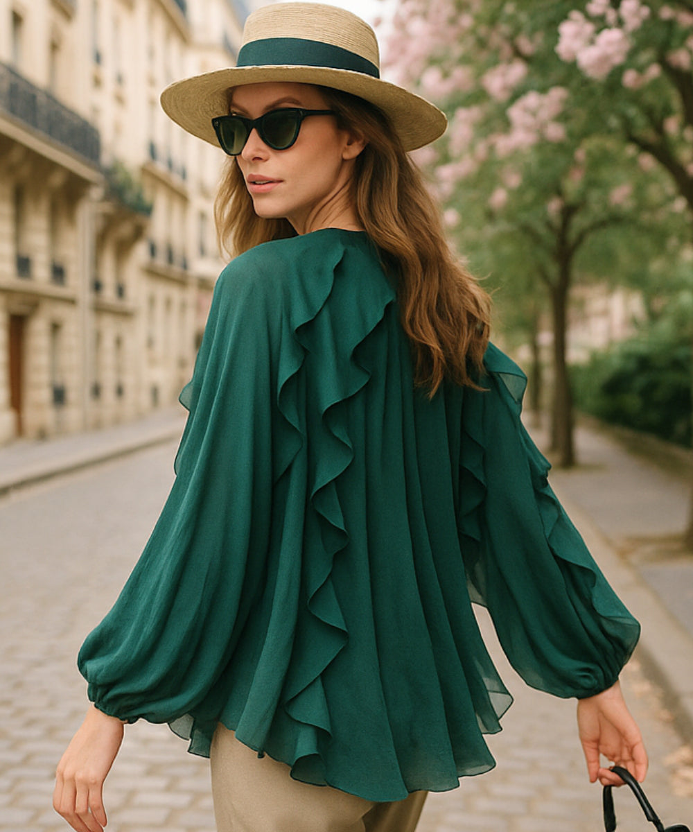 Comprar blusa social feminina manga longa verde com babados em tecido leve e transparente para looks elegantes no trabalho ou eventos sociais em promoção ZARA
