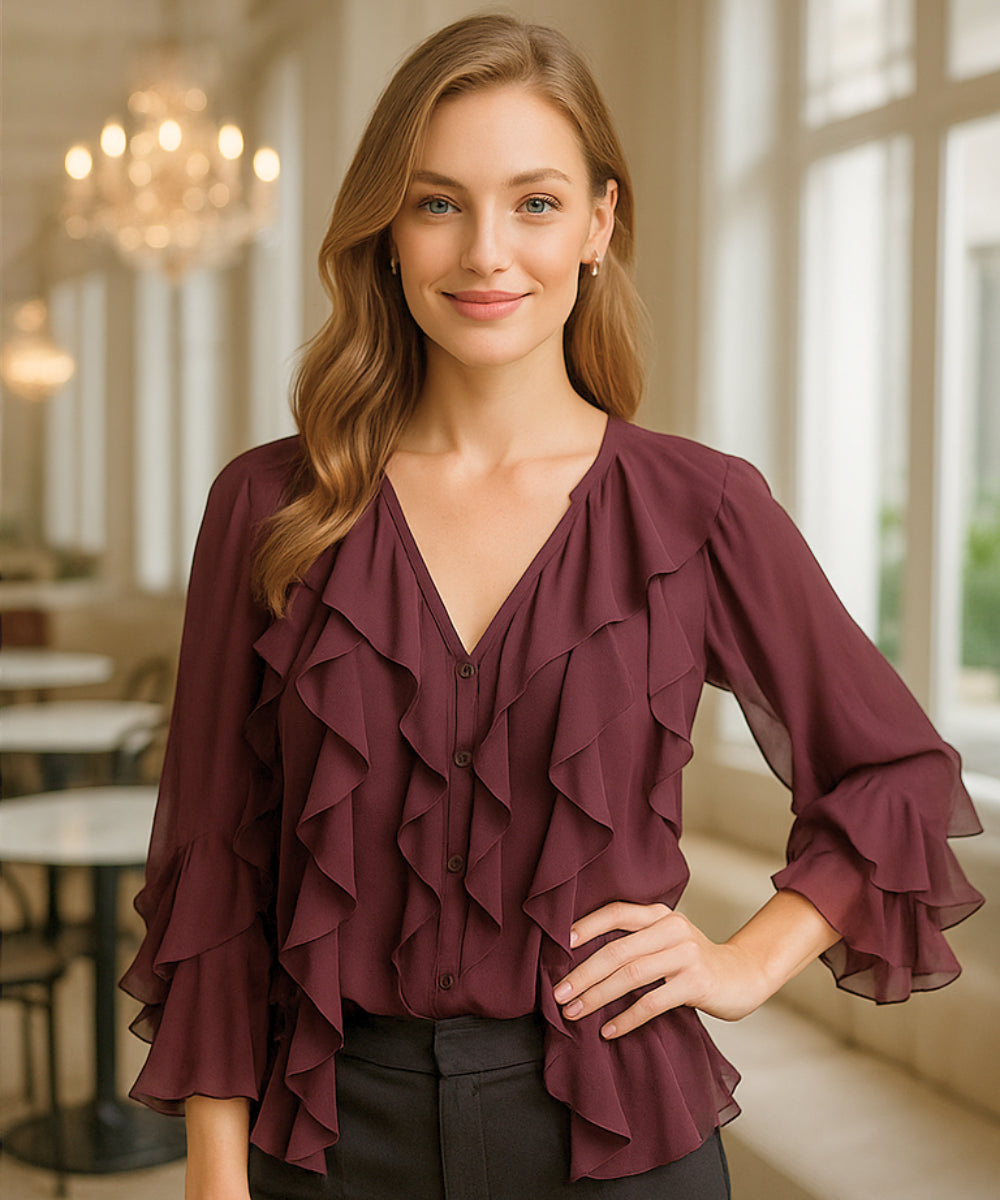Comprar blusa social feminina manga longa vinho bordo com babados em tecido leve e transparente para looks elegantes no trabalho ou eventos sociais em promoção ZARA
