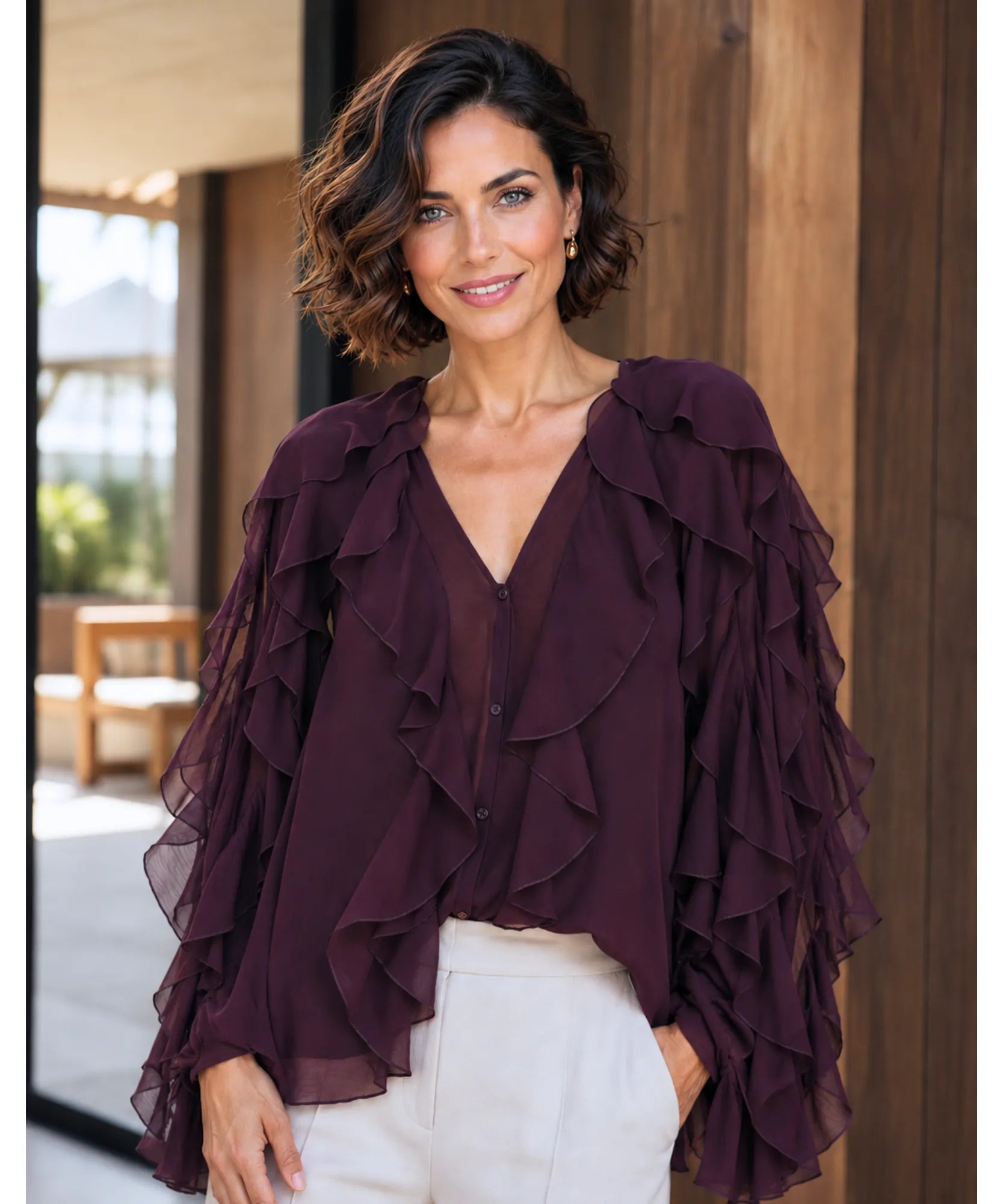 Comprar blusa social feminina manga longa com babados em tecido leve e transparente para looks elegantes no trabalho ou eventos sociais barato ANELLIMN