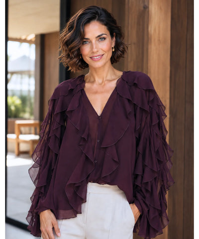 Comprar blusa social feminina manga longa com babados em tecido leve e transparente para looks elegantes no trabalho ou eventos sociais barato ANELLIMN