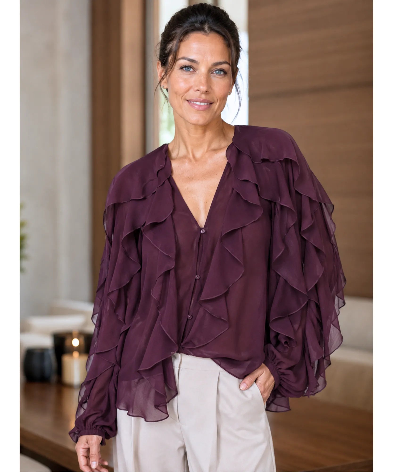 Comprar blusa social feminina manga longa com babados em tecido leve e transparente para looks elegantes no trabalho ou eventos sociais barato ANELLIMN