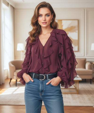 Blusa Social Feminina Manga Longa com Babados Elegante | Fer