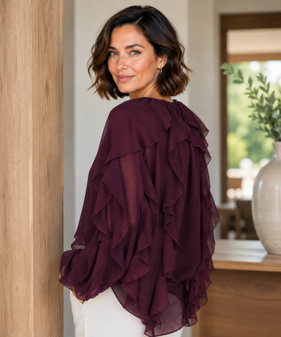 Comprar blusa social feminina manga longa com babados em tecido leve e transparente para looks elegantes no trabalho ou eventos sociais barato ANELLIMN