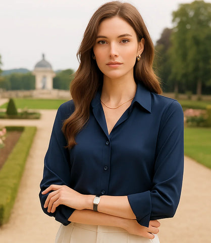 Comprar blusa social feminina manga longa em cetim seda azul para escritório, reuniões e looks casuais refinados em promoção ZARA
