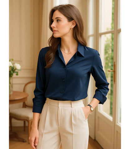 Comprar blusa social feminina manga longa em cetim seda azul para escritório, reuniões e looks casuais refinados em promoção ZARA
