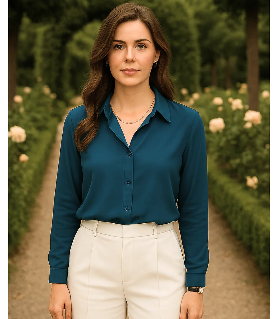Comprar blusa social feminina manga longa em cetim seda azul para escritório, reuniões e looks casuais refinados em promoção ZARA
