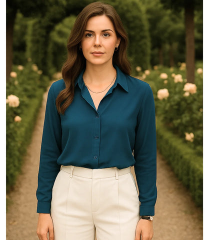 Comprar blusa social feminina manga longa em cetim seda azul para escritório, reuniões e looks casuais refinados em promoção ZARA
