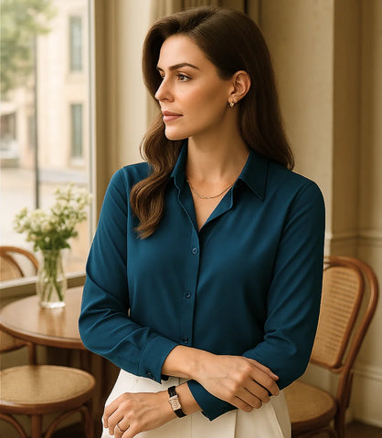 Comprar blusa social feminina manga longa em cetim seda azul para escritório, reuniões e looks casuais refinados em promoção ZARA
