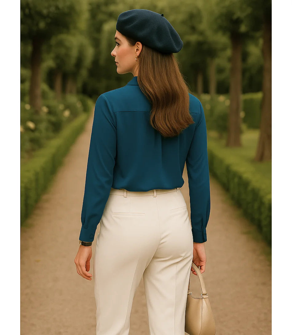 Comprar blusa social feminina manga longa em cetim seda azul para escritório, reuniões e looks casuais refinados em promoção ZARA
