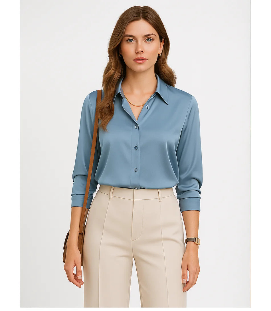 Comprar blusa social feminina manga longa em cetim seda azul para escritório, reuniões e looks casuais refinados em promoção ZARA
