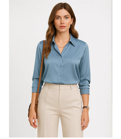 Comprar blusa social feminina manga longa em cetim seda azul para escritório, reuniões e looks casuais refinados em promoção ZARA
