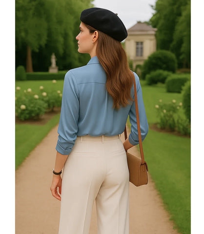 Comprar blusa social feminina manga longa em cetim seda azul para escritório, reuniões e looks casuais refinados em promoção ZARA
