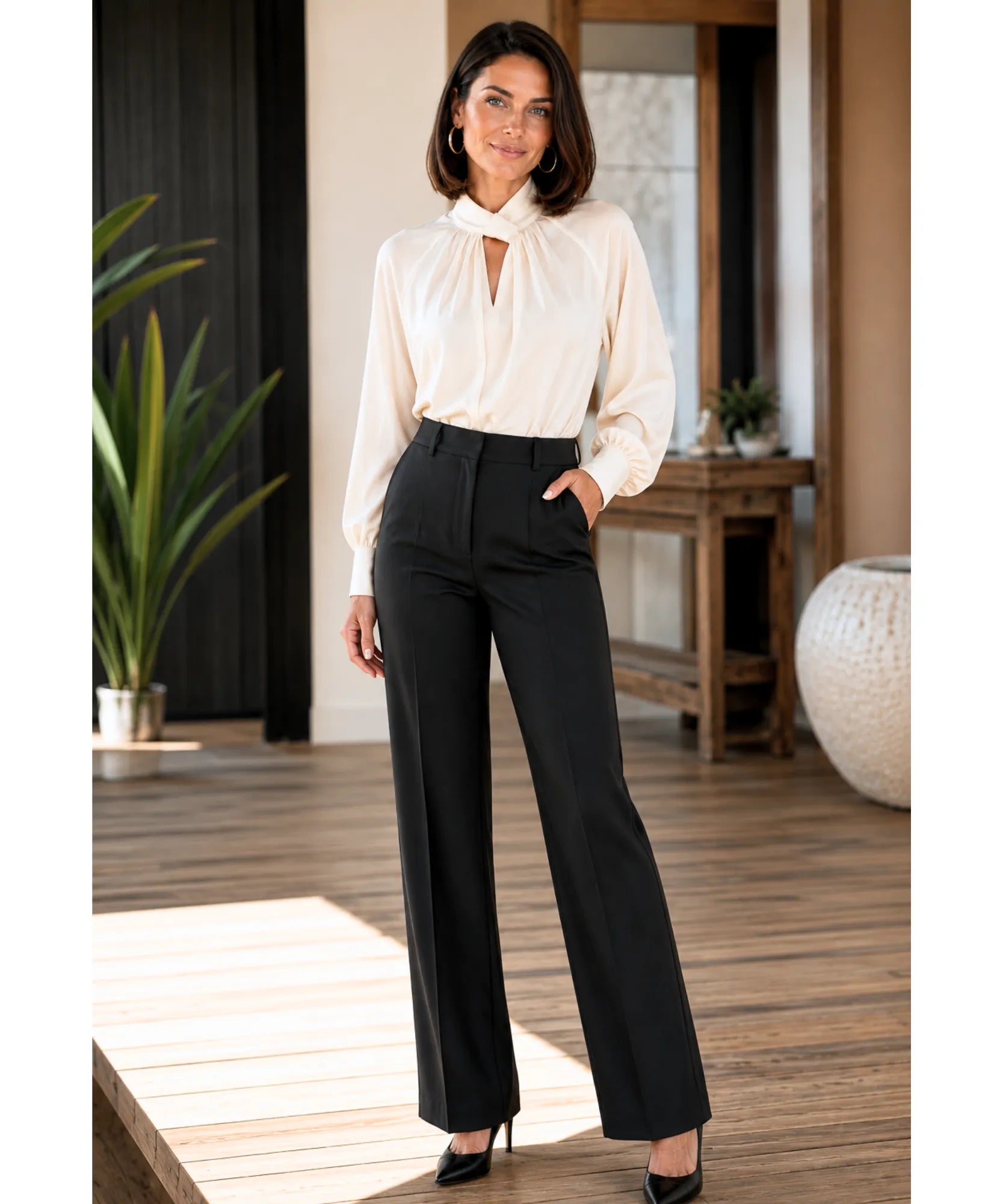 Blusa Social Feminina de Seda Manga Longa com decote em gota e gola alta, ideal para eventos formais e looks profissionais barato ANELLIMN