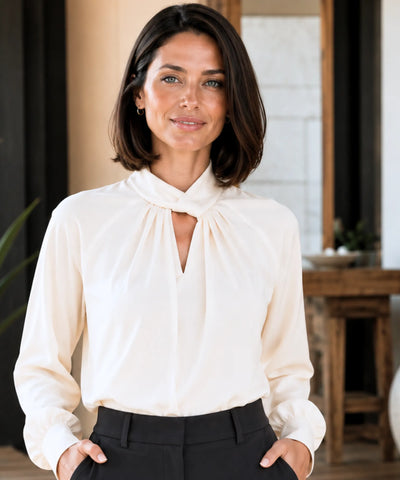 Blusa Social Feminina de Seda Manga Longa com decote em gota e gola alta, ideal para eventos formais e looks profissionais barato ANELLIMN