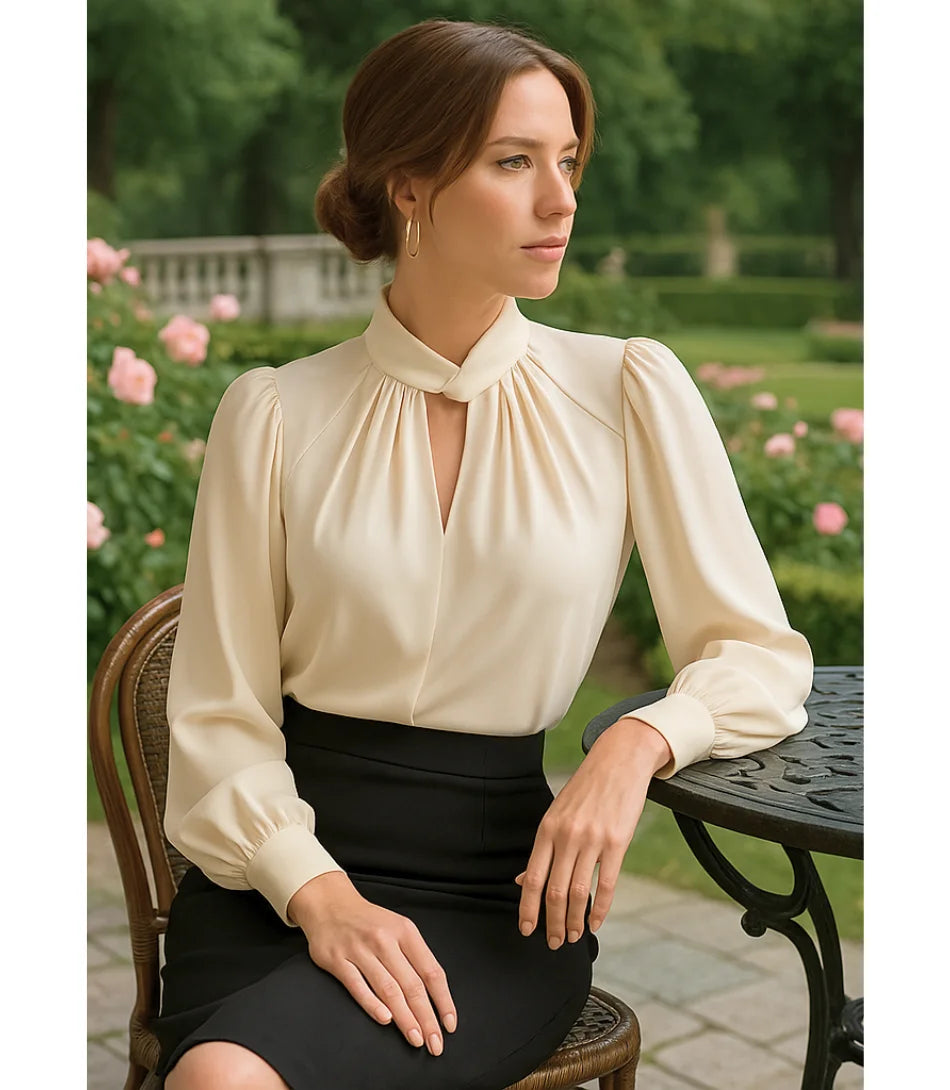 Comprar Blusa Social Feminina Seda Manga Longa Bege Elegante para trabalho e ocasiões elegantes em promoção ZARA
