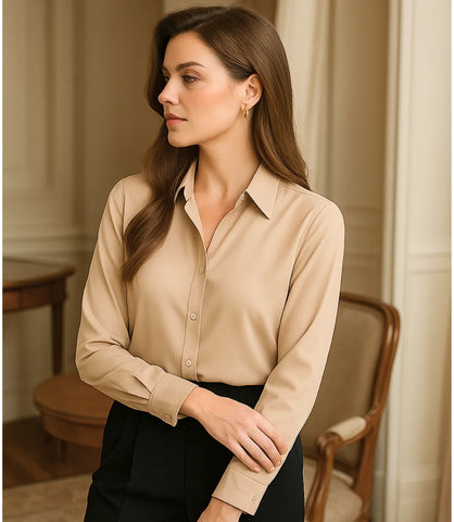 Comprar blusa social feminina manga longa em cetim seda bege para escritório, reuniões e looks casuais refinados em promoção ZARA
