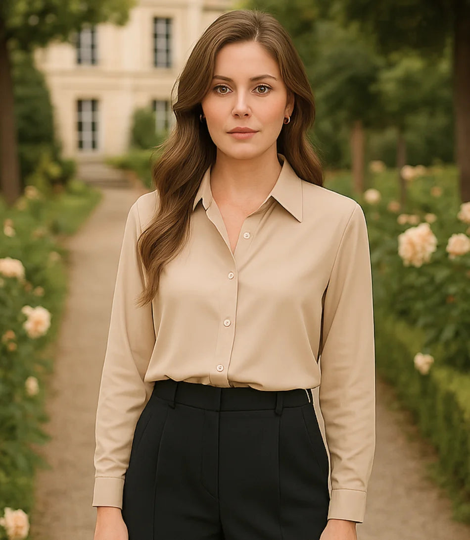 Comprar blusa social feminina manga longa em cetim seda bege para escritório, reuniões e looks casuais refinados em promoção ZARA
