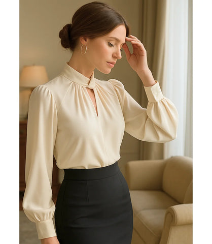 Comprar Blusa Social Feminina Seda Manga Longa Bege Elegante para trabalho e ocasiões elegantes em promoção ZARA
