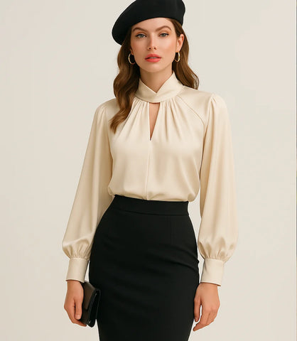 Comprar Blusa Social Feminina Seda Manga Longa Bege Elegante para trabalho e ocasiões elegantes em promoção ZARA
