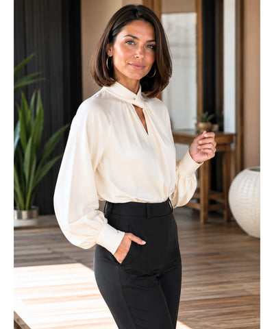 Blusa Social Feminina de Seda Manga Longa com decote em gota e gola alta, ideal para eventos formais e looks profissionais barato ANELLIMN