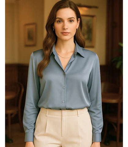 Comprar blusa social feminina manga longa em cetim seda cinza para escritório, reuniões e looks casuais refinados em promoção ZARA
