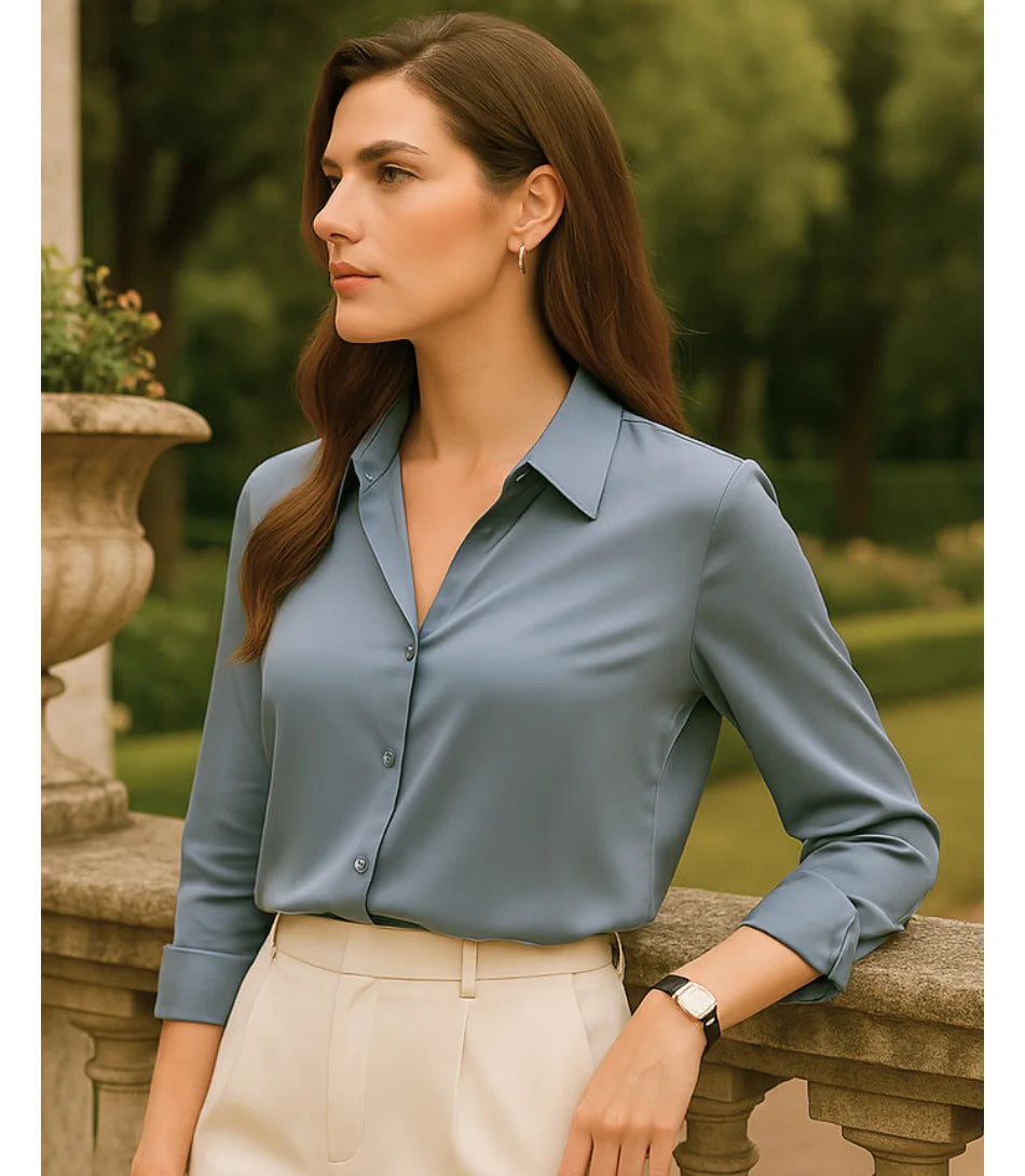 Comprar blusa social feminina manga longa em cetim seda cinza para escritório, reuniões e looks casuais refinados em promoção ZARA
