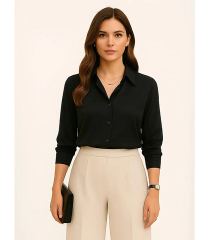 Comprar blusa social feminina manga longa em cetim seda preto para escritório, reuniões e looks casuais refinados em promoção ZARA
