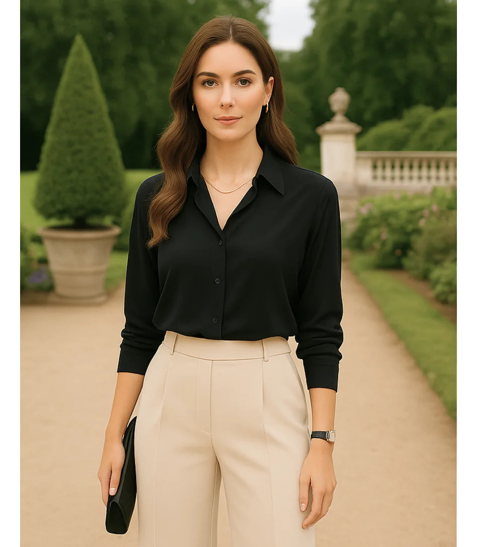 Comprar blusa social feminina manga longa em cetim seda preto para escritório, reuniões e looks casuais refinados em promoção ZARA
