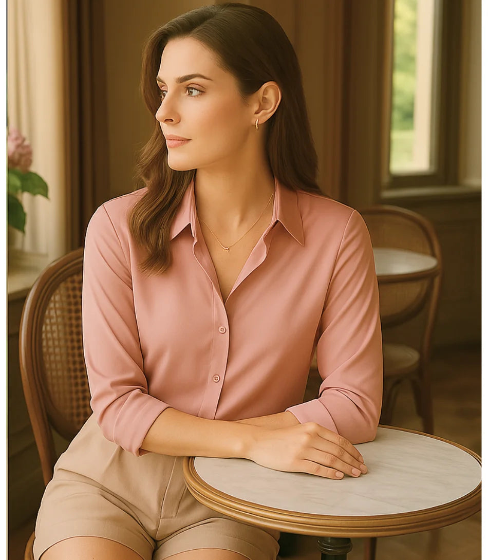 Comprar blusa social feminina manga longa em cetim seda rosa para escritório, reuniões e looks casuais refinados em promoção ZARA
