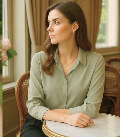 Comprar blusa social feminina manga longa em cetim seda verde para escritório, reuniões e looks casuais refinados em promoção ZARA
