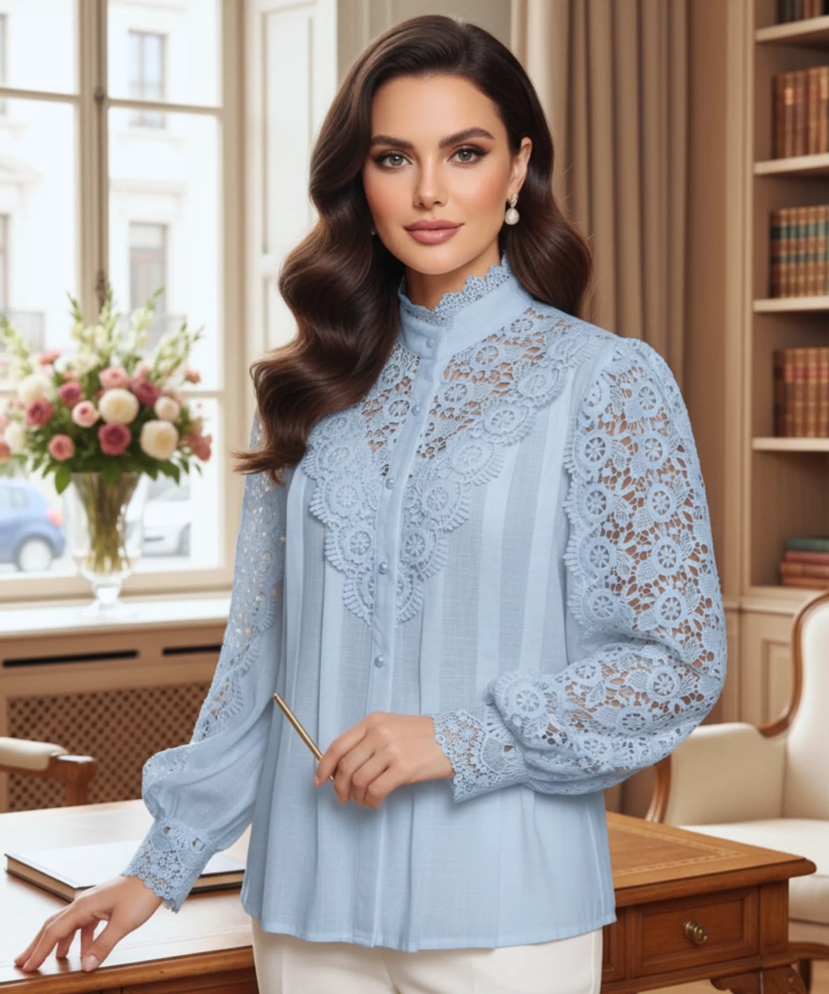Comprar blusa social feminina renda  azul para looks sofisticados no trabalho ou eventos barato AMARO